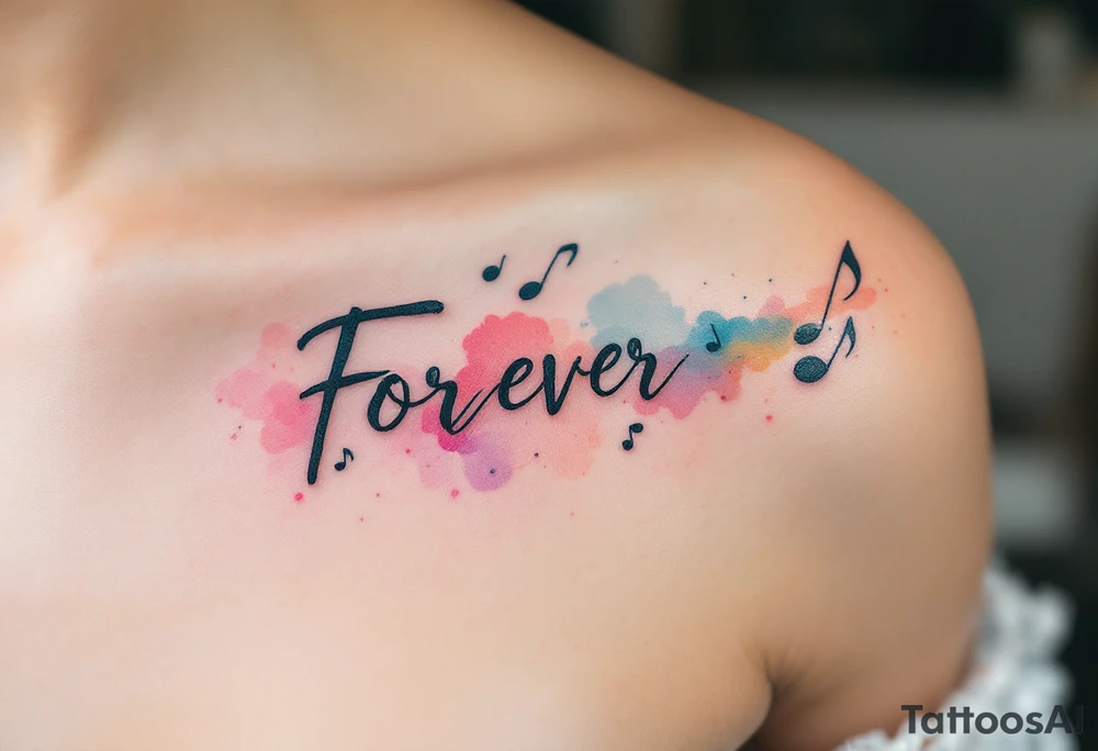 "Forever" styled like a music waveform, in grayscale with faint notes surrounding it. tattoo idea