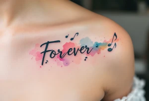 "Forever" styled like a music waveform, in grayscale with faint notes surrounding it. tattoo idea