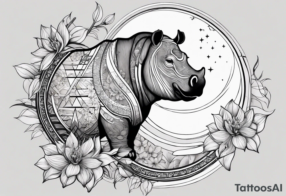 Very asymmetrical, +geometric pattern, with realistic full moon, with hippo, +zen feel, + Buddhism touch, +tribal, +geometric, +inkart 
with wintersweet flower bud, +portrait orientation, +inkart touch, tattoo idea