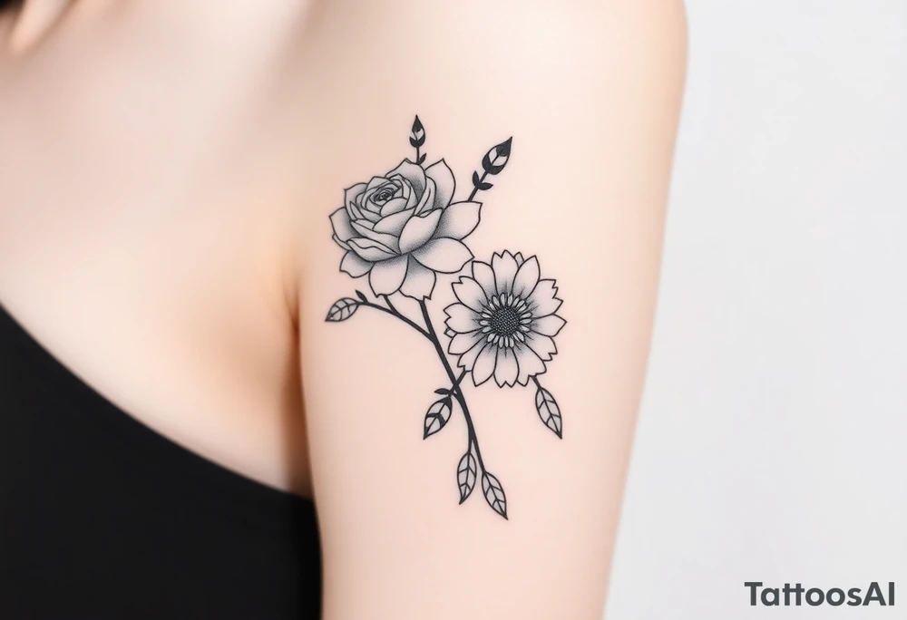 rose and chrysanthemum bouquet tattoo idea