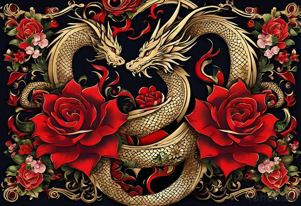 Quiero un tatuaje en toda la espalda con dos dragones verticales uno en frente del otro (uno con faceta fiera y el otro con faceta amable), con un sol o luna rojo en medio, y otros detalles de letras en chino y flores tipo cerezo (en rojo y negro) tattoo idea