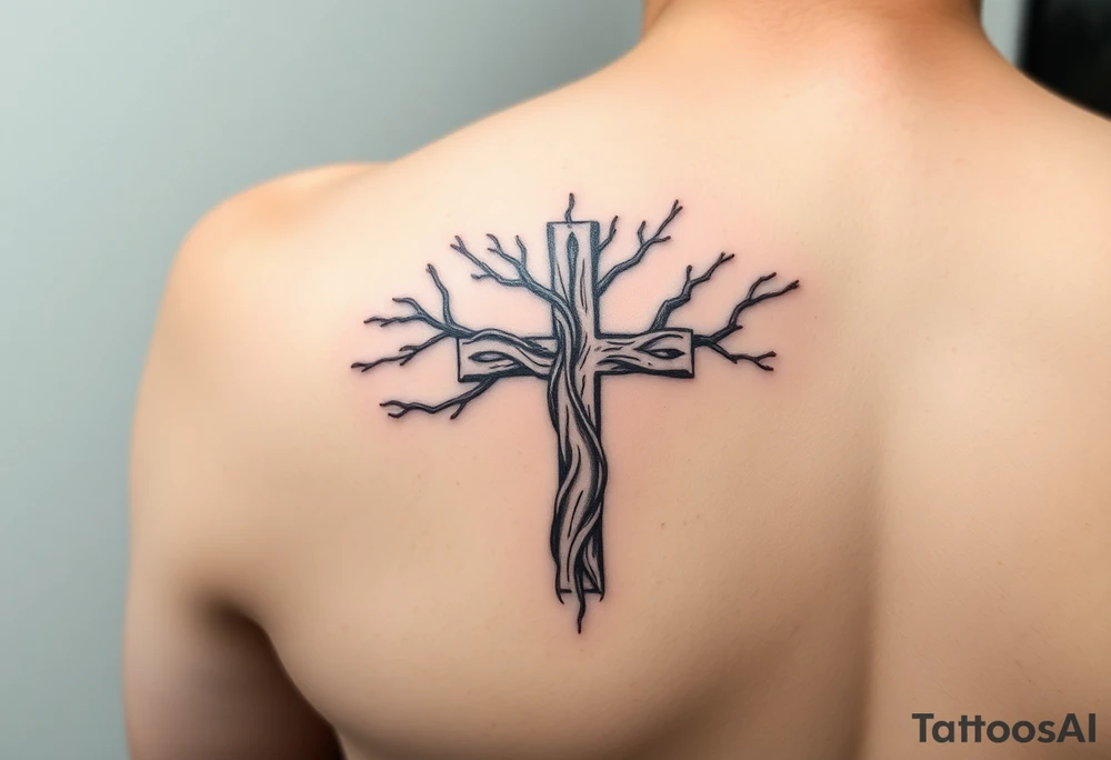 Twisted treee cross on forearm tattoo idea