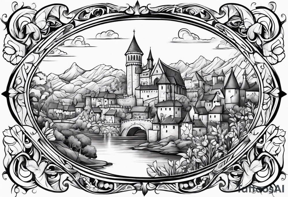 medieval tribal city 
floral  land  vignette tattoo idea