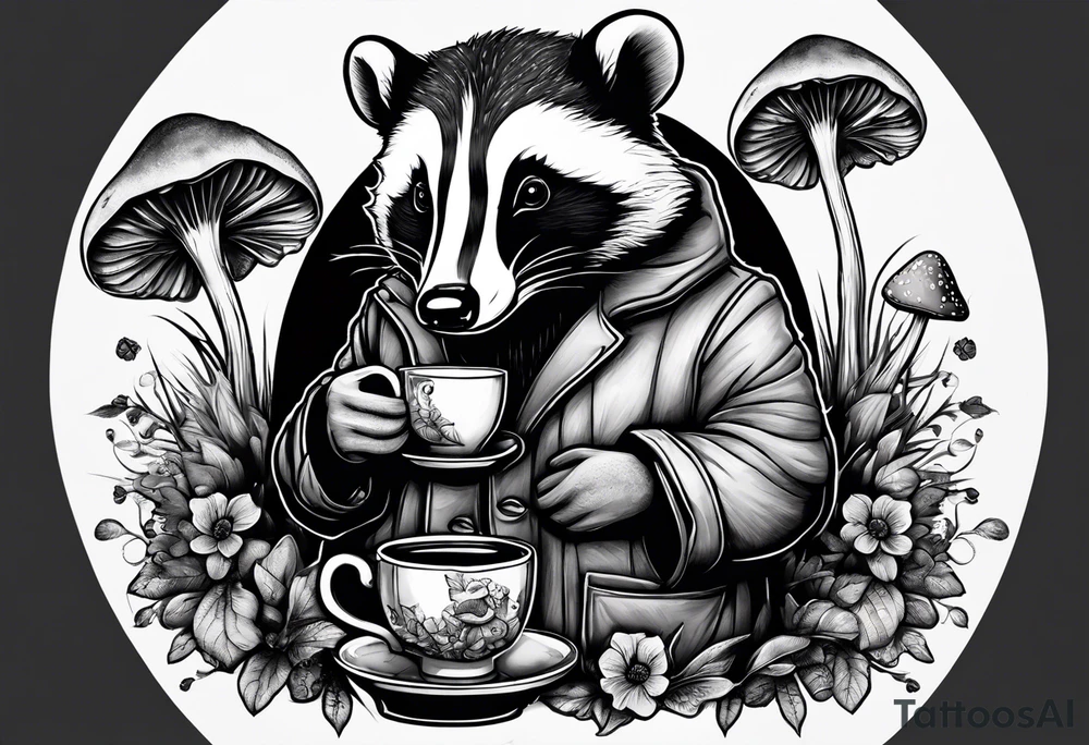 Badger in a coat with a teacup sitting on a mushroom tattoo idea