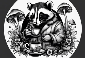 Badger in a coat with a teacup sitting on a mushroom tattoo idea