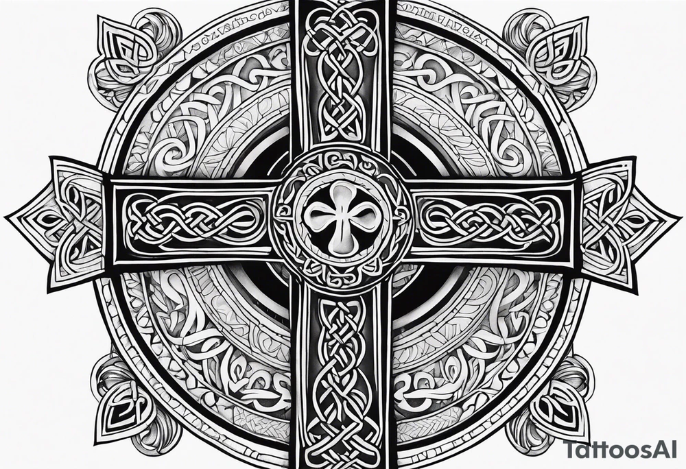 Celtic cross, shamrock in center, one Indian feather hanging from each side arm of cross tattoo idea