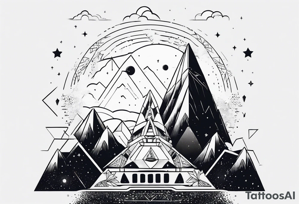 geometric mountain, space, cat in rocket tattoo idea geometric mountain, space, cat in rocket tattoo idea