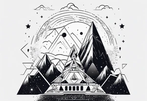 geometric mountain, space, cat in rocket tattoo idea