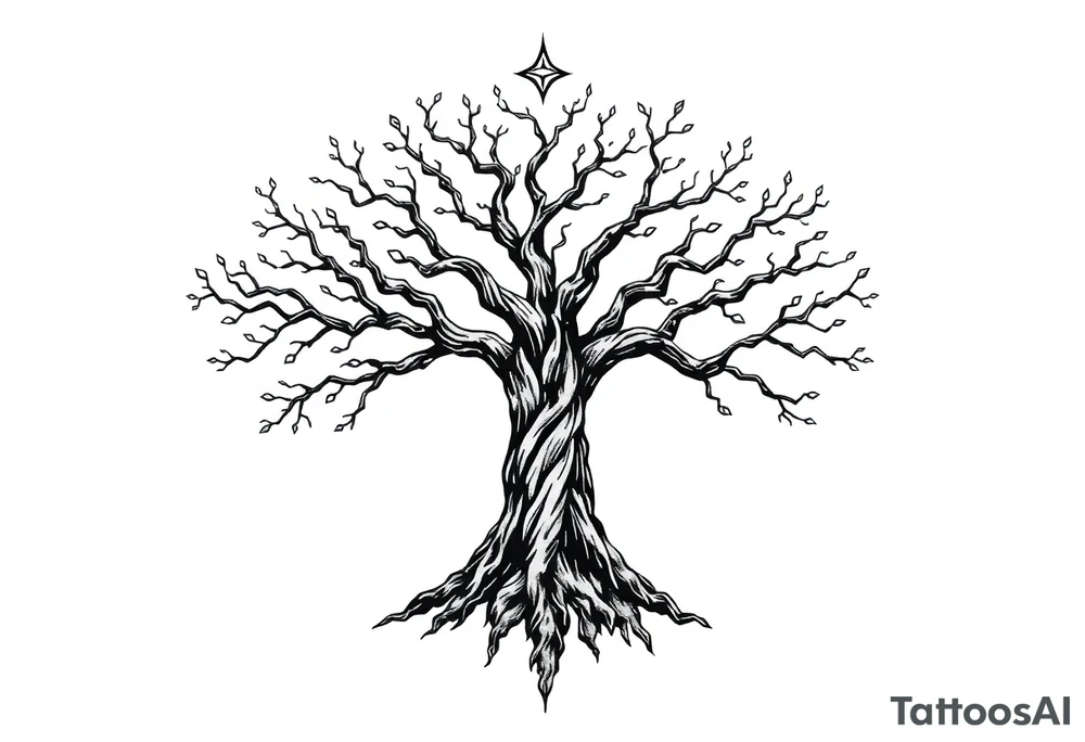mystical tree of life with cosmic roots and celestial branches tattoo idea