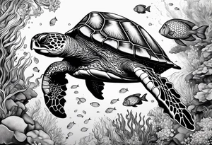 Under water with sea turtle, octopus and fish tattoo idea