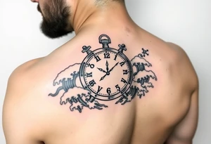 Nautical theme clock surrounded by waves in Japanese style tattoo idea