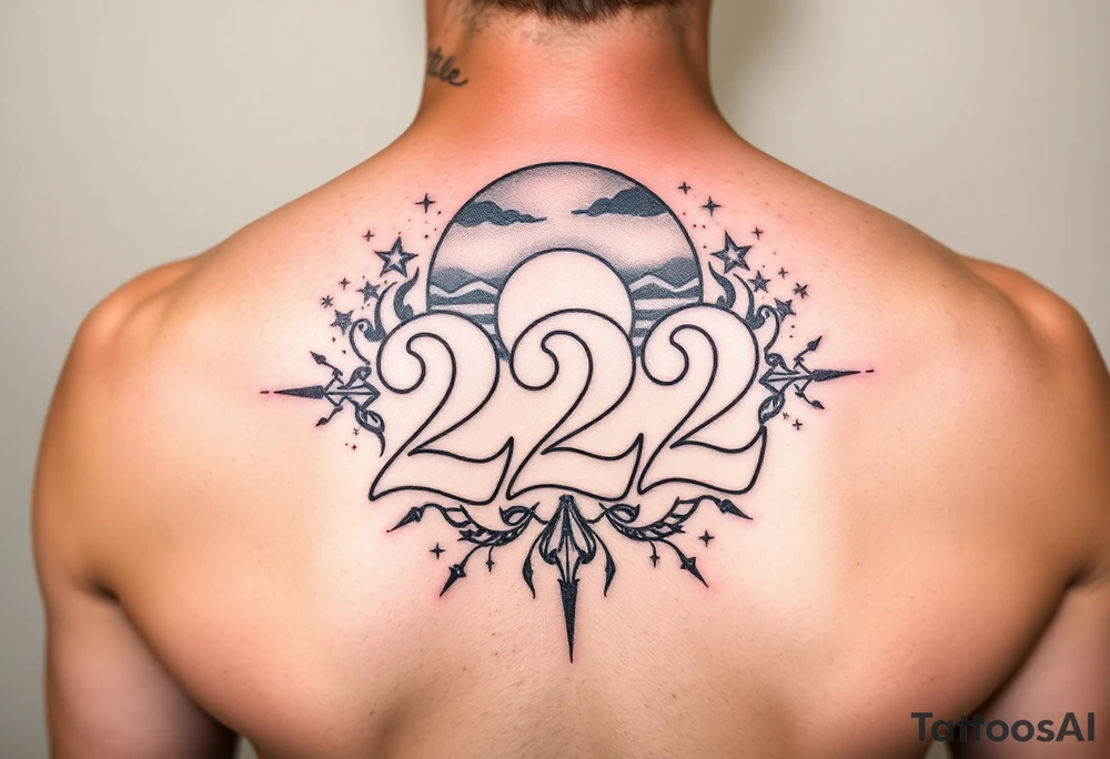 Bold 222 surrounded with sunset and love and stardust and vibration tattoo idea