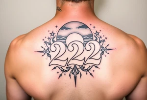 Bold 222 surrounded with sunset and love and stardust and vibration tattoo idea