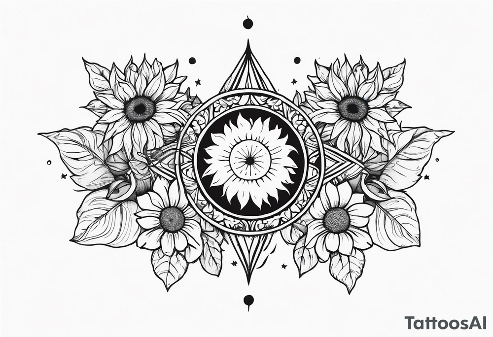 Band sun tattoo with sunflowers and stars tattoo idea