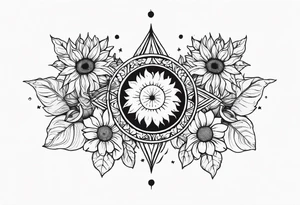 Band sun tattoo with sunflowers and stars tattoo idea