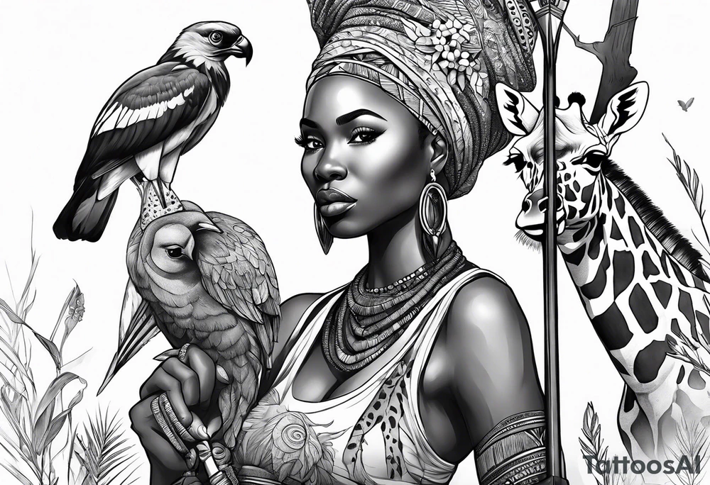 African woman warrior holding a spear with birds and giraffe in the background tattoo idea