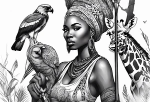 African woman warrior holding a spear with birds and giraffe in the background tattoo idea