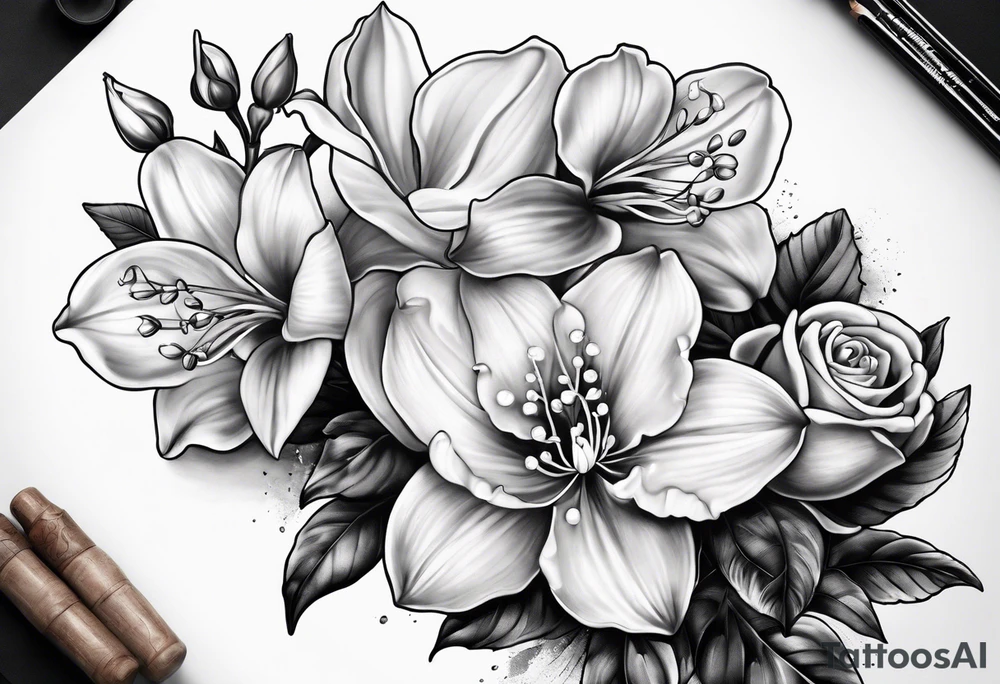Rose, orchid, lily of the valley, dog wood tattoo idea