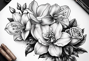Rose, orchid, lily of the valley, dog wood tattoo idea