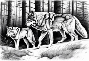 Alpha wolf stalking  with two cubs tattoo idea