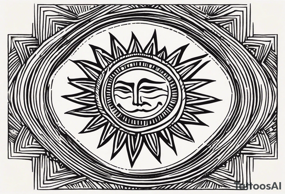 A symmetrical tattoo designed for the knee, featuring a sun with an eccentric, expressive face at the center. The sun’s rays extend sharply in a pointed, flame-like pattern, resembling heat waves, reaching downward toward the shin and upward above the knee. The design should have a dynamic and bold composition, with flowing yet angular lines that emphasize movement and symmetry. tattoo idea