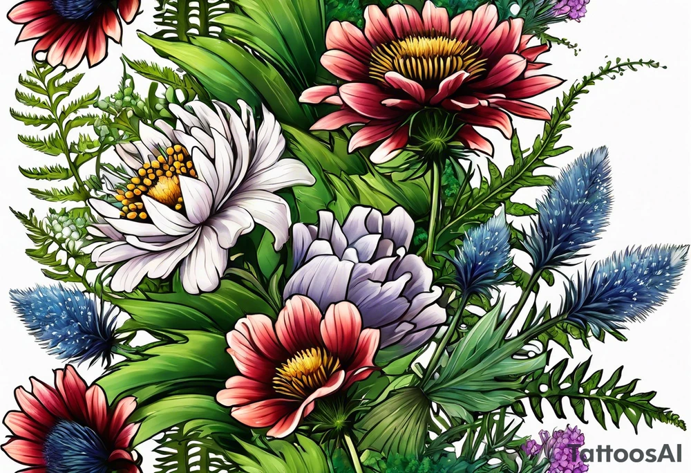 small vertical mixed wildflower bouquet with ferns, thistle and with color tattoo idea