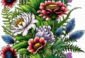 small vertical mixed wildflower bouquet with ferns, thistle and with color tattoo idea