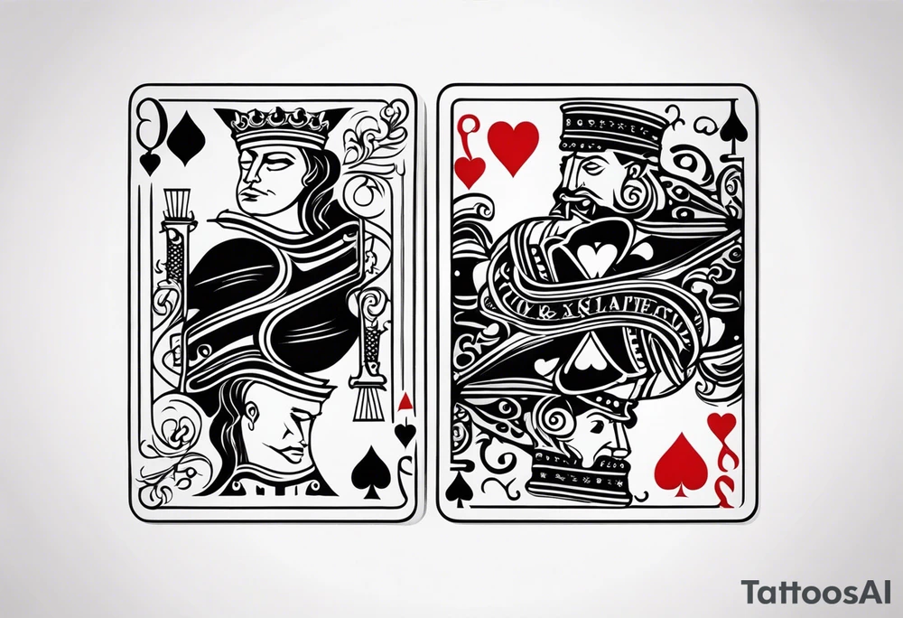 one playing card with both queen of hearts and king of spades incorporated in extreme minimalistic style tattoo idea