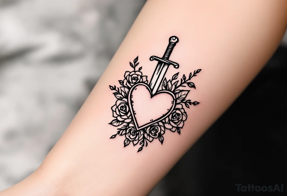 dagger piercing a heart with roses tattoo idea