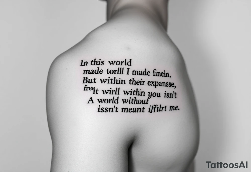 An upper arm tattoo for a man in the style of Ryan Ashley Malarkey with the lyrics, "In this world I made to be infinite
But within the expanse, I finally see
A world without you isn't meant for me", from the band Lorna Shore with their dark forest imagery and aesthetics. tattoo idea