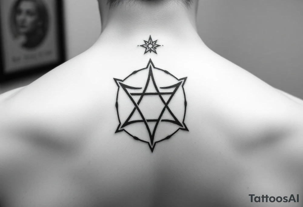 minimalistic, sagittarius, jupiter symbol, sacred geometry, runes for, Good luck and fortune, success, grace, youth, protection from evil magic, protection, safe travels, energy, divine, energy, wisdom, prosperity, love, beauty, color black, david star, GOD's name in hereby tattoo idea