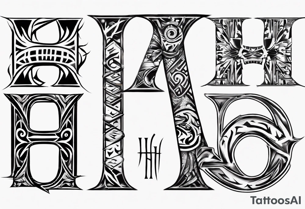 combine the letters E and H with tribal pattern tattoo idea