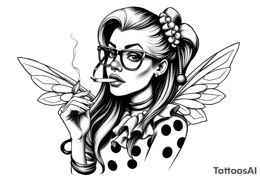 beautiful long hair pin up Clown Girl thug eyeglasses fairy wings smoking a cigarette tattoo idea