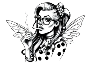 beautiful long hair pin up Clown Girl thug eyeglasses  fairy wings smoking a cigarette tattoo idea
