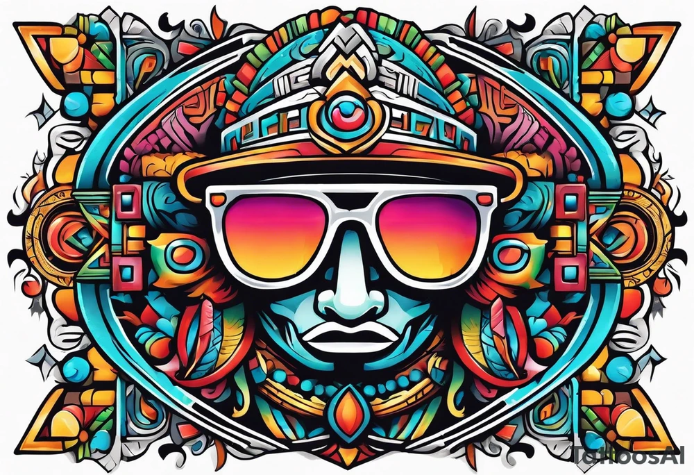 Colorful ancient Mayan hieroglyph wearing sunglasses tattoo idea