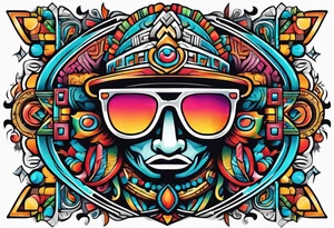 Colorful ancient Mayan hieroglyph wearing sunglasses tattoo idea