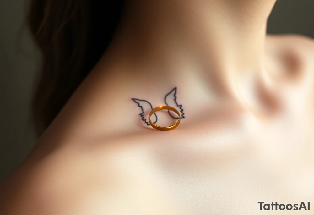 A golden wedding band floating within an angelic halo, glowing softly. tattoo idea