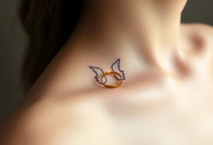A golden wedding band floating within an angelic halo, glowing softly. tattoo idea