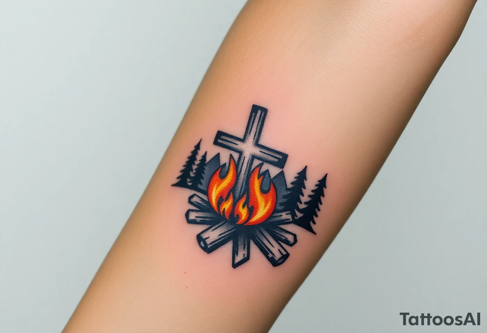Campfire with cross include the great outdoors and night sky make sure cross doesn't look like it is on fire tattoo idea