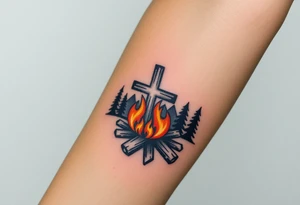 Campfire with cross include the great outdoors and night sky make sure cross doesn't look like it is on fire tattoo idea
