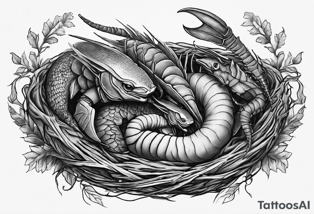 Two pisces and a Capricorn in a nest with a giant scorpion looking over them from above tattoo idea