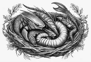 Two pisces and a Capricorn in a nest with a giant scorpion looking over them from above tattoo idea