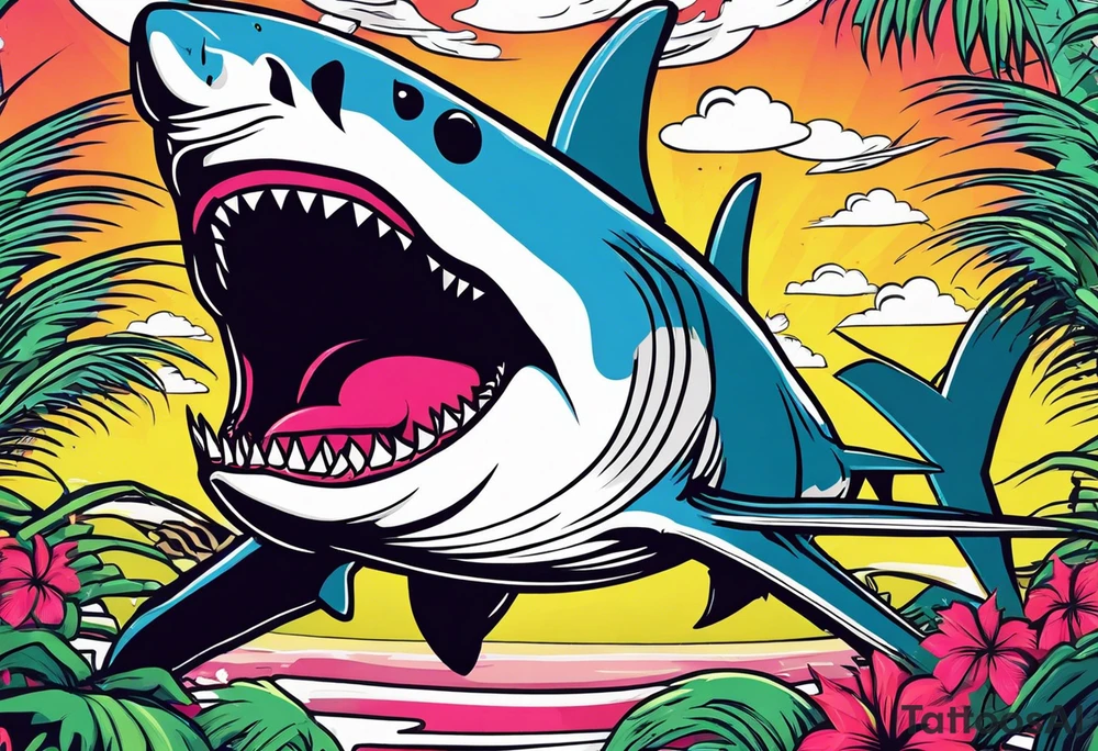 Great white shark, palm trees, money signs tattoo idea