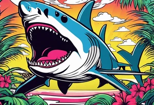 Great white shark, palm trees, money signs tattoo idea