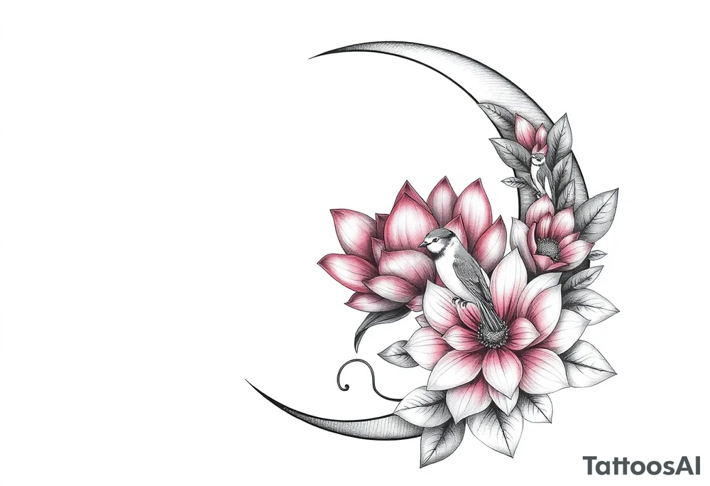 crescent floral moon with lotus flower and baby birds tattoo idea