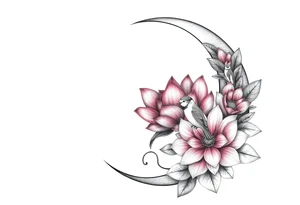 crescent floral moon with lotus flower and baby birds tattoo idea