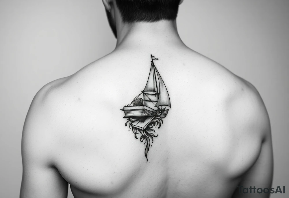 A black and white tattoo that will go on side of the wrist. This is for someone who loves ocean, travel and books. tattoo idea