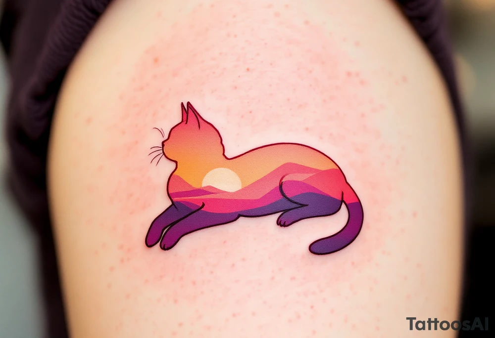 Sunset Cat Silhouette – A lounging cat shape filled with a smooth gradient of orange, coral, and dusky pink like a sunset sky. tattoo idea