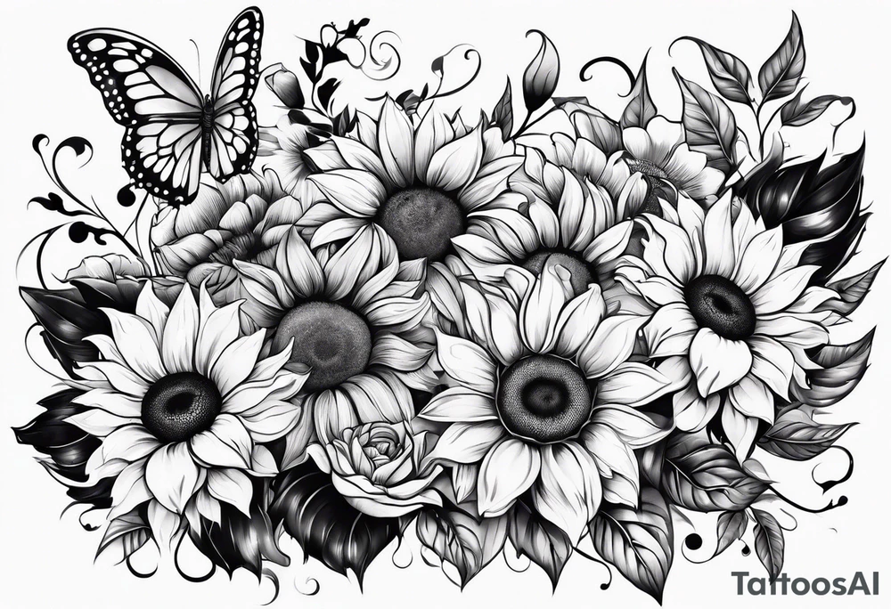 Arm sleeve with sunflowers and butterflies tattoo idea