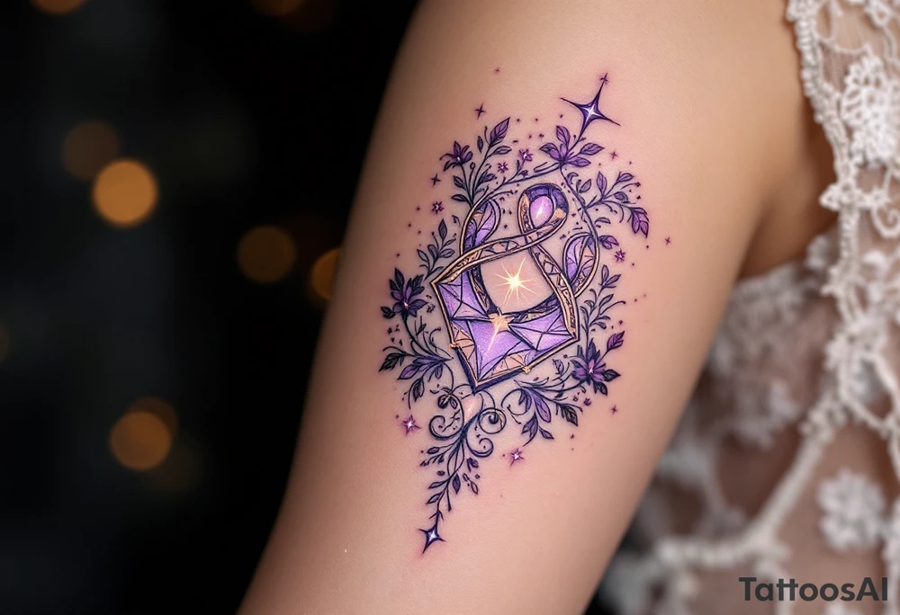 A symbol for symbol for love rune in sharp, clean lineswith intricate carvings surrounded by delicate vines and floral motifs. The design glows with a soft lavender and gold light, with sparkling stars to symbolize love that transcends space and time. tattoo idea